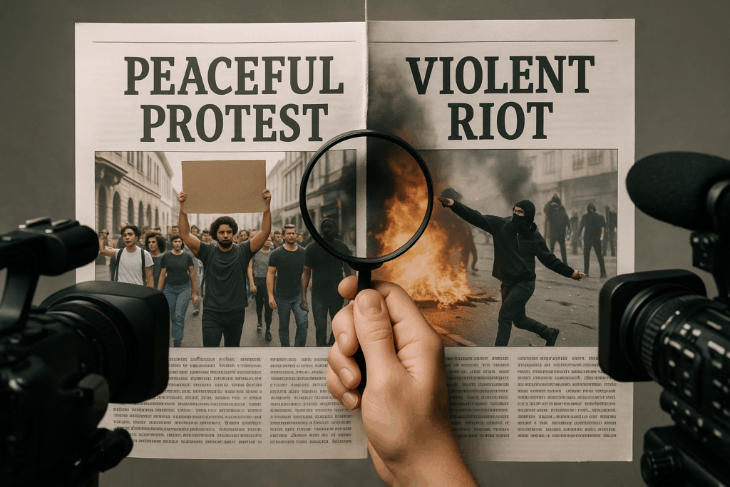 A hand holds a magnifying glass over a split newspaper page: the left side headlined “PEACEFUL PROTEST” with calm marchers, the right side headlined “VIOLENT RIOT” with masked figures and flames, while two video cameras aim at each side. Same story, different take.